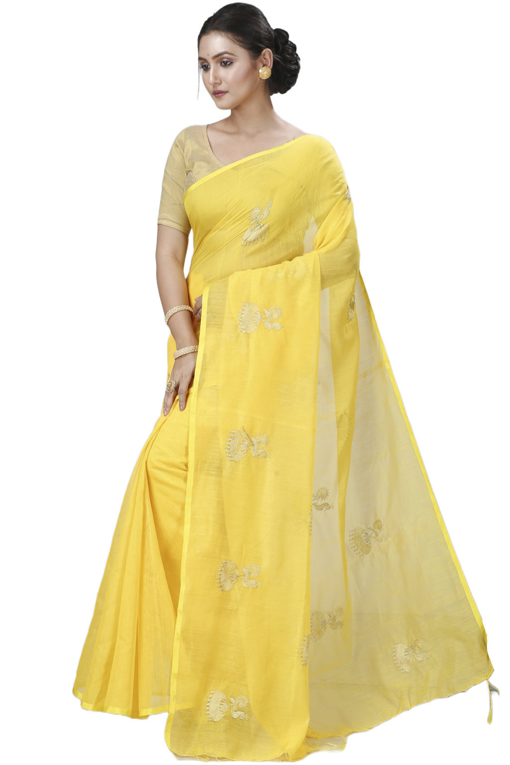 Yellow Blended Cotton Tuli Hand Loom Saree (1235)